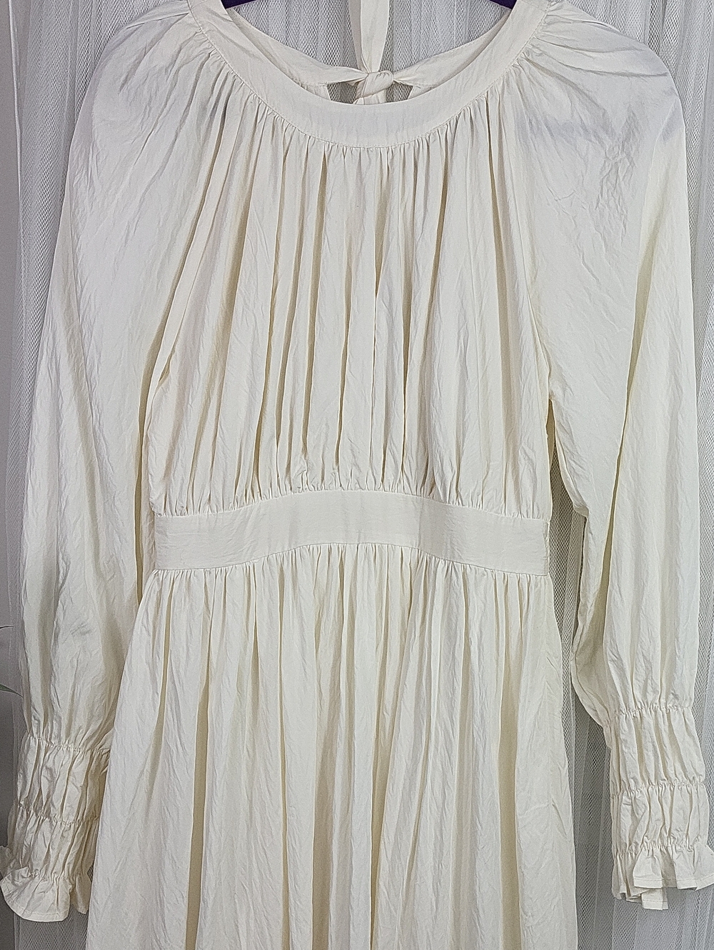 Yoomini Women's Cream Long-Sleeve Midi Dress with Smocked Cuffs. Size S - Picture 2 of 14